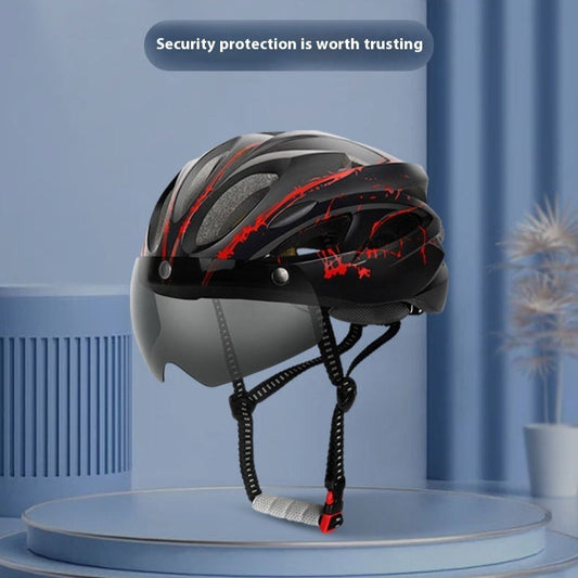 Cykelridningsbeskyttelseshjelm med bælte og briller