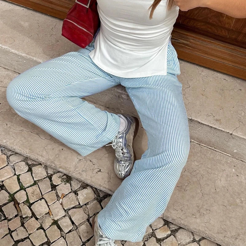 Stribede afslappede pyjamasbukser med elastisk talje