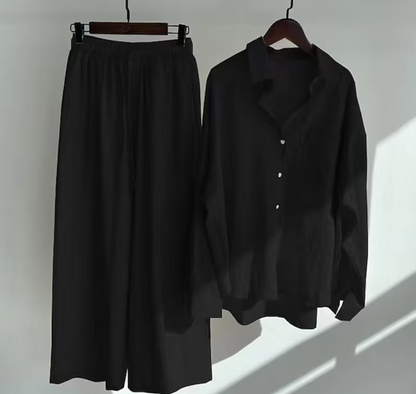 Ubemærket linnedbluse og bukser med vide ben sæt