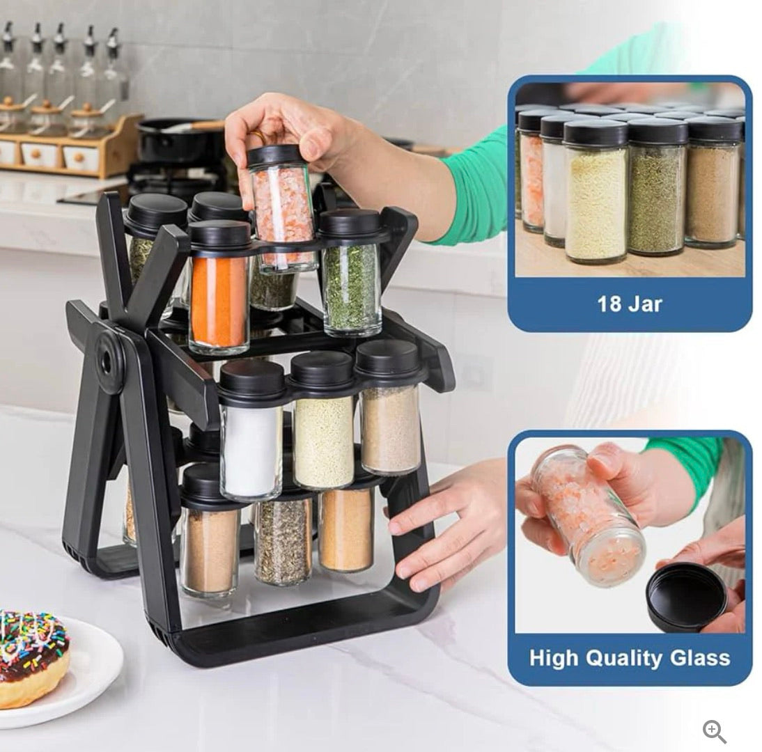 Roterende krydderihylde med 18 glas og karouseldesign