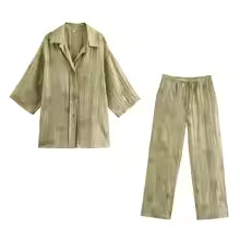 Jacquard Løs Skjorte Bukser Matchende Sæt